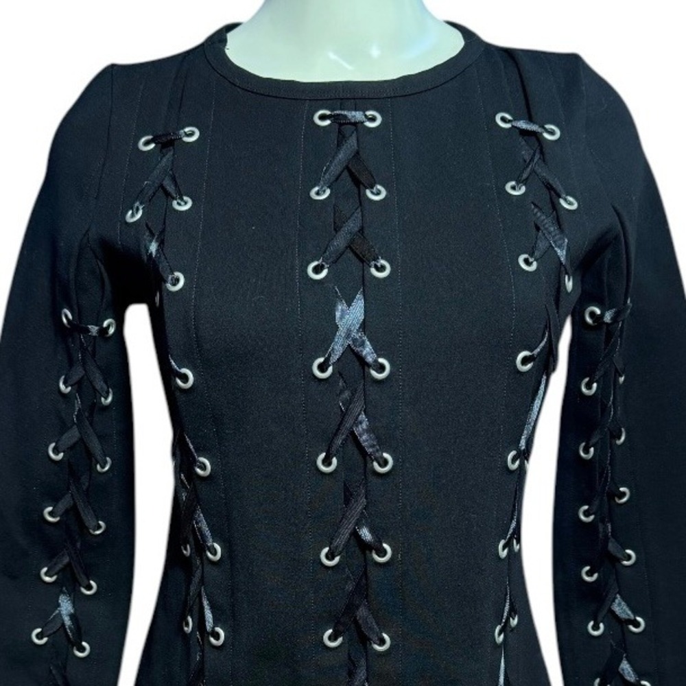Black Lace Up Grommet Long Sleeve Bodycon Mini Dress Small Edgy Goth Night Out - Picture 3 of 7